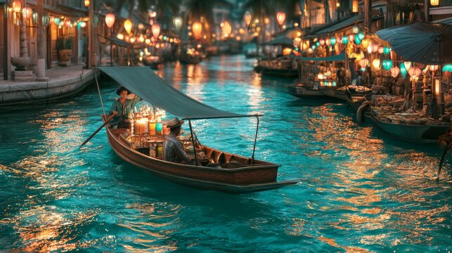 Traditional Wooden Boat Decorated with Colorful Lanterns in a Serene Night Market Setting