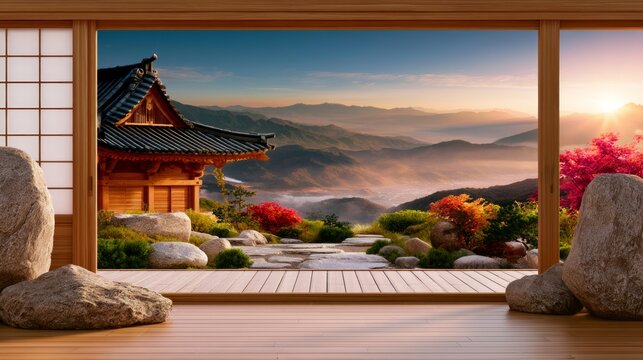 Serene Traditional Landscape with Mountains, Garden, and Dawn Light from a Wooden Structure in Nature