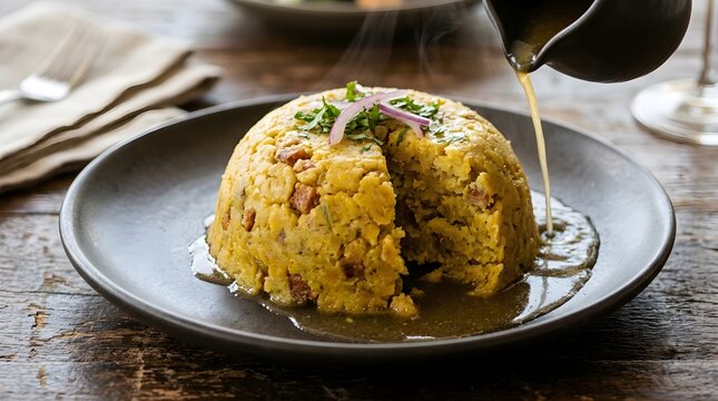 Mofongo dish with savory broth being poured on a plate on a rustic wooden table