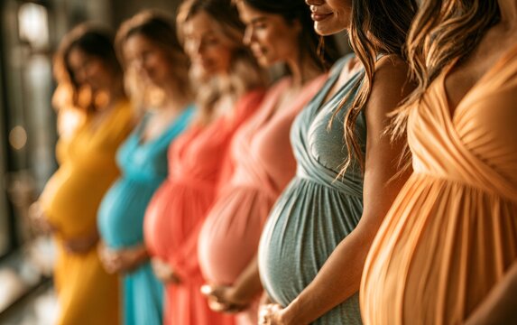 Group of Diverse Pregnant Women in Colorful Dresses Showcasing Joyful Lifestyle Together