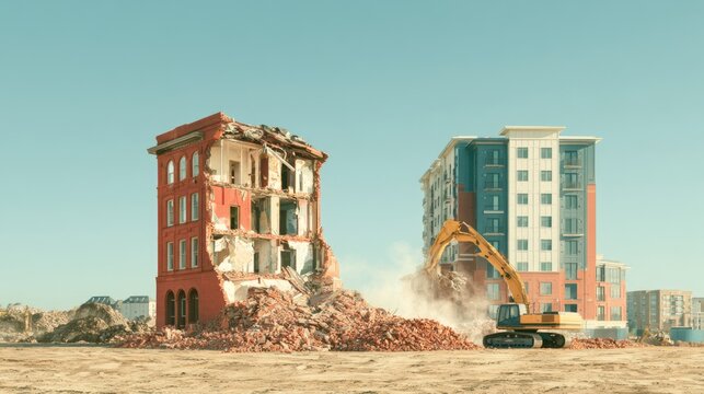 Urban Renewal Concept Depicting Historic Building Demolition and Modern Construction in Cityscape