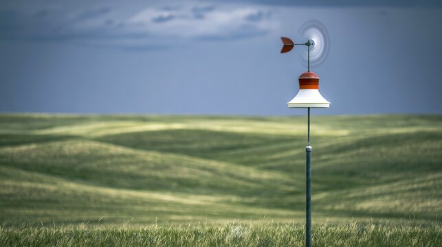 Fast-spinning anemometer on grassy plain with dramatic sky, ideal for weather or energy ads