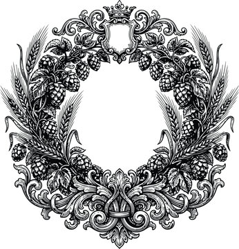 Vintage engraving of a hop and wheat crest with ornate scrollwork for organic beverage branding