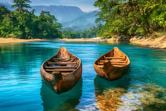 Serene Landscape Featuring Handcrafted Boats on Tranquil River Surrounded by Lush Green Forests and Mountains