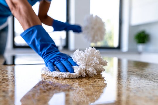 Person Cleaning a Smooth Countertop with Microfiber Cloth in Bright Modern Kitchen Environment