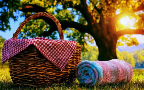 Cozy Picnic Scene with Wicker Basket and Soft Blanket in Sunlit Natural Setting