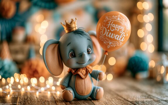 Adorable 3D Illustration of Baby Elephant Holding Happy Diwali Balloon in Festive Setting