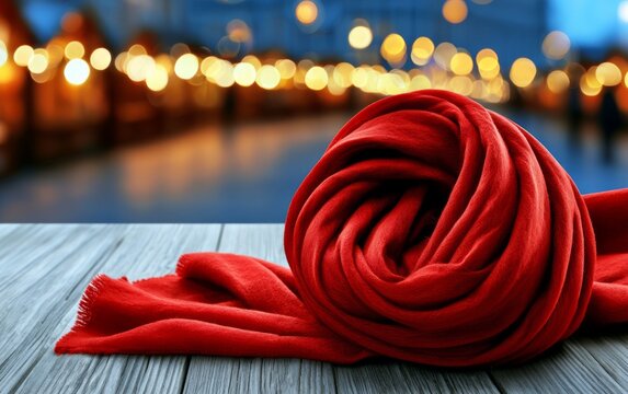 Luxurious Crimson Scarf on Wooden Table with Blurry Market Background Illuminated by Warm Lights