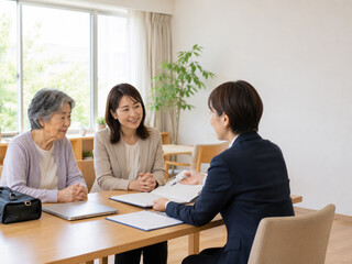 Fototapeta premium Care manager consulting with an elderly woman and her family about long term care planning