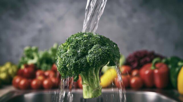 Fresh Broccoli Being Washed Under Running Water in a Kitchen Setting Surrounded by Colorful Vegetables