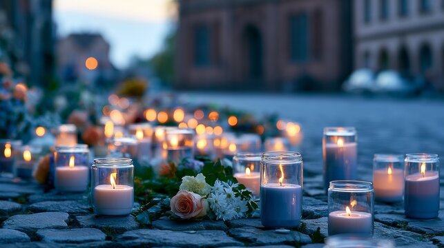 Beautiful Scene of Illuminated Candles and Fresh Flowers on Cobblestone Street at Dusk Evening