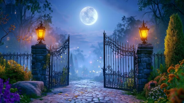 Enchanted Open Iron Gate with Glowing Lantern Posts Under the Full Moon in a Mystical Garden Scene