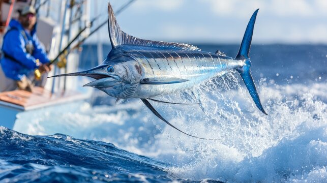 Majestic Blue Marlin Leaps Out of Ocean Waves Near Fishing Boat with Fisherman in Background