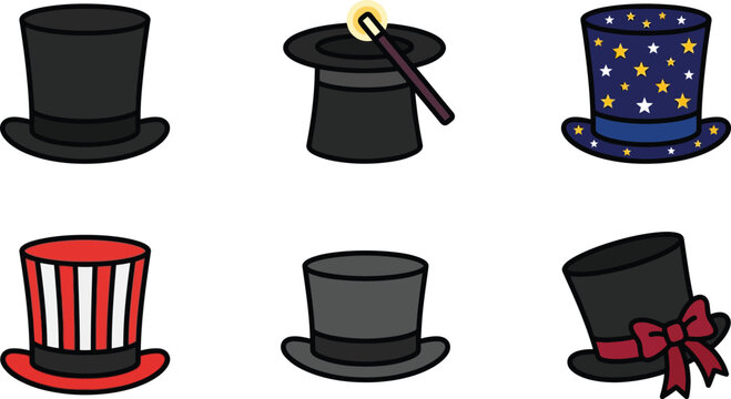 Diverse collection of cartoon top hats featuring magic patriotic and festive designs ideal as vector elements for celebrations and entertainment