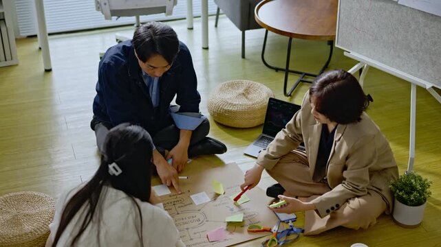 Top view of Asian creative team brainstorming product roadmap, sitting on floor discussing startup strategy mind map, project planning, modern corporate business and innovation technology