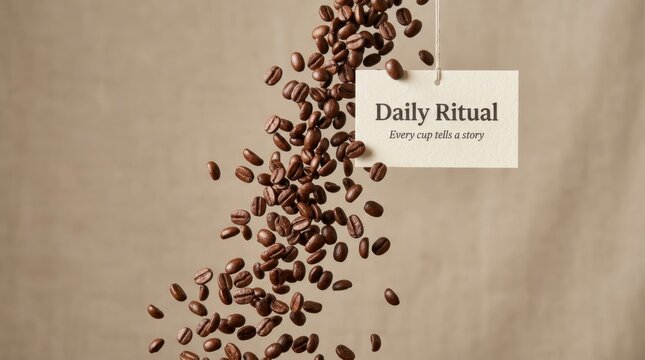 Roasted coffee beans falling in a dynamic cascade alongside a minimalist paper tag inscribed with daily ritual and every cup tells a story text, representing premium quality and artisanal coffee gift.