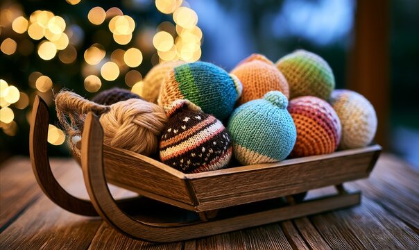 Cozy Winter Still Life of Handcrafted Knitted Ornaments in Wooden Sleigh with Holiday Spirit