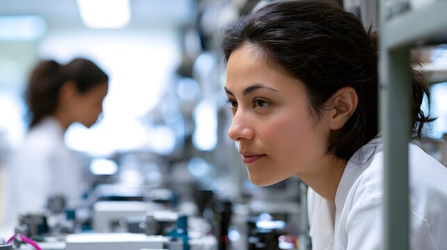 A woman in a white lab coat looks intently at equipment in a modern laboratory setting with blurred background activity