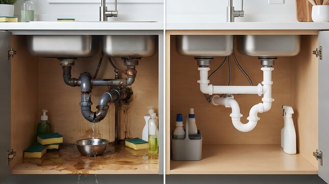 Plumbing pipes and sink drainage system under kitchen cabinet