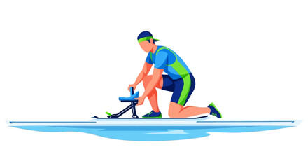 Fototapeta premium Athlete preparing racing kayak for competition on water.