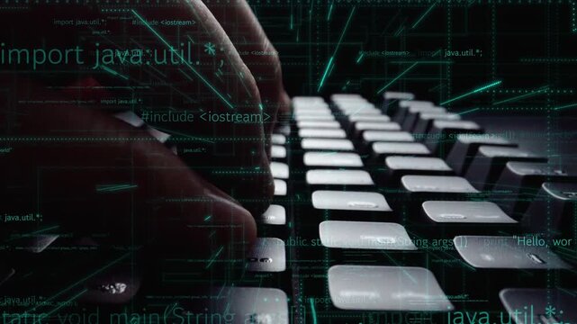 Close-up view of hands typing on a keyboard, surrounded by a digital coding background that represents the nuances of programming and computer technology. Xenic