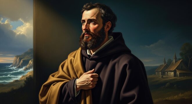 Saint james the apostle, devout man, spiritual leader, wearing traditional robe, golden fabric, serious expression, contemplating ocean, rugged coastline, dark cloudy sky, rustic architecture.