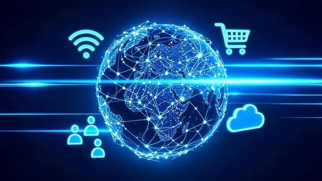 Glowing Blue Digital Globe with Network Connections, Wi-Fi, Cloud, Shopping Cart and User Icons &ndash; Futuristic Technology Animation