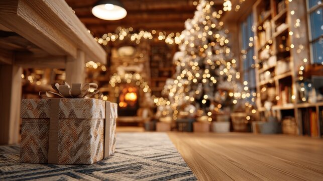 Festive christmas interior glowing with warm lights and holiday decorations on a rustic wooden table 3d digital illustration for holiday marketing