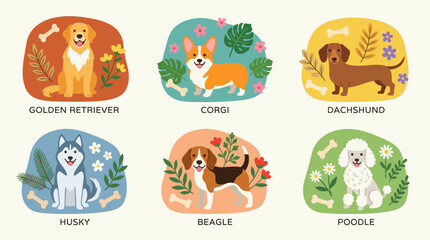 Sticker set of popular dog breeds in colorful style. © bogel