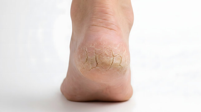 Close up of a dry cracked heel with a bandage.