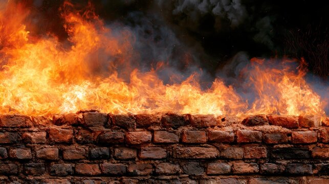 Brick wall engulfed in flames and smoke