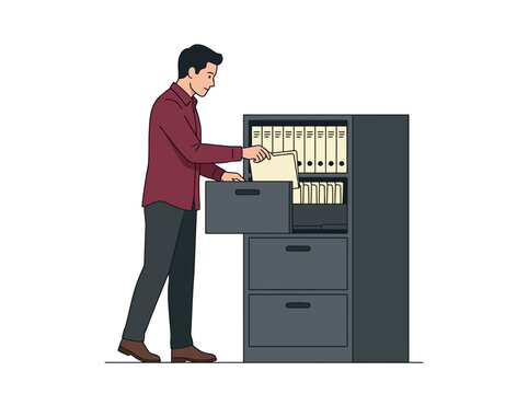 Man organizing and searching documents in an office filing cabinet