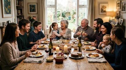 Obraz premium Multigenerational family gathering around a wooden table, sharing festive holiday dinner, celebrating with happy laughter, loving senior grandparent, caring parent.
