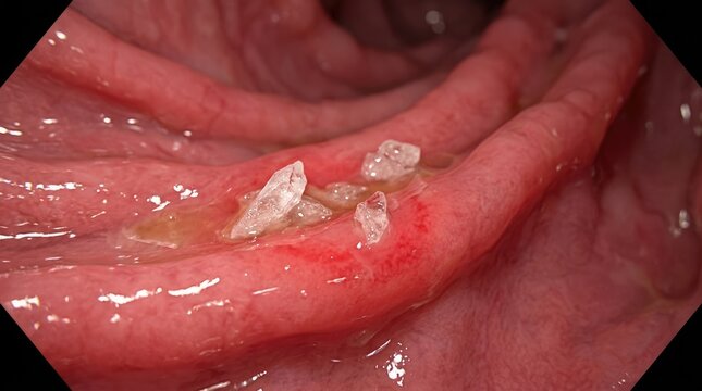 Gastric mucosa demonstrating severe irritation from dissolving mdma crystals, showing localized erythema across thick folded stomach lining, visualizing acute chemical gastritis.
