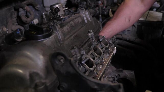A mechanic working on an engine in a garage, performing maintenance tasks on the engine using tools.