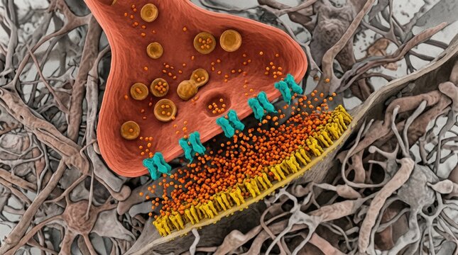 Dopamine transporter blockade by cocaine, showing synaptic cleft accumulation of neurotransmitter molecules, presynaptic membrane vesicles, inhibited reuptake mechanism in human brain tissue.