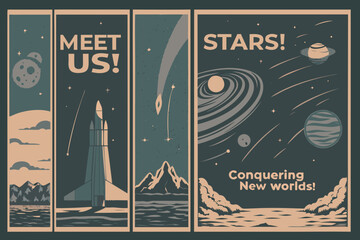 Vintage Style Vector Illustration Of Planets Rocket And Space Exploration Themes In Beige Tones © Parash