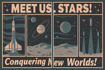Vintage Style Vector Illustration Of Rockets Planets And Stars In A Quadrant Layout © Parash