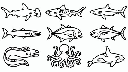 Minimalist sea life line icons, collection of 9 marine animal vectors, black and white shark and octopus illustrations for educational infographics © Saad