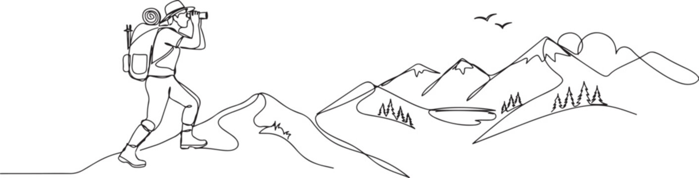 man with backpack, binoculars in summer mountain landscape, outdoor activity, travel, camping, backpacking trip, expedition.one line icon drawing