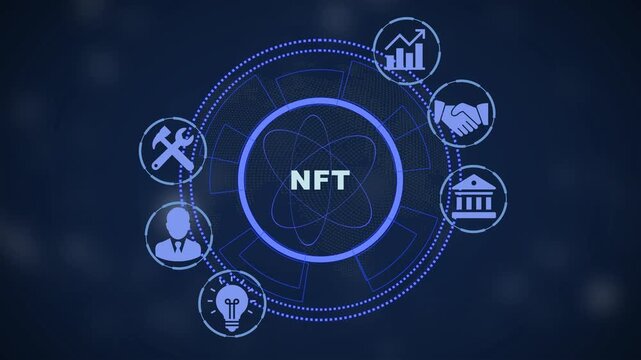 Nft digital assets and blockchain technology concept with animated hud interface and financial cryptocurrency