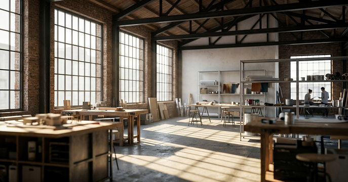 Luminous creative workshop interior with blurred industrial details and vibrant indoor plants including Chlorophytum comosum and Epipremnum aureum for artistic workspace background concepts