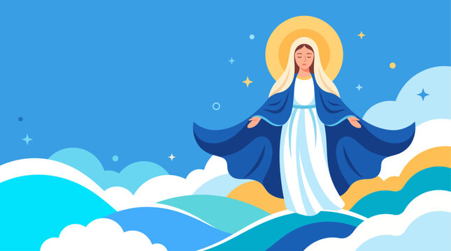Assumption Of Mary, a serene illustration of her divine ascent into a starlit blue sky, symbolizing peace