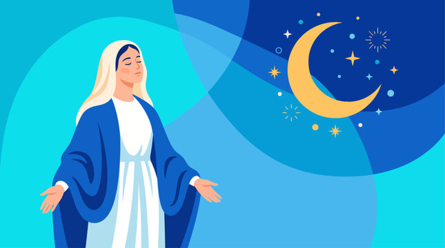 Serene illustration of the Assumption Of Mary, portraying her peaceful ascent under a celestial night with a radiant crescent moon and sparkling stars