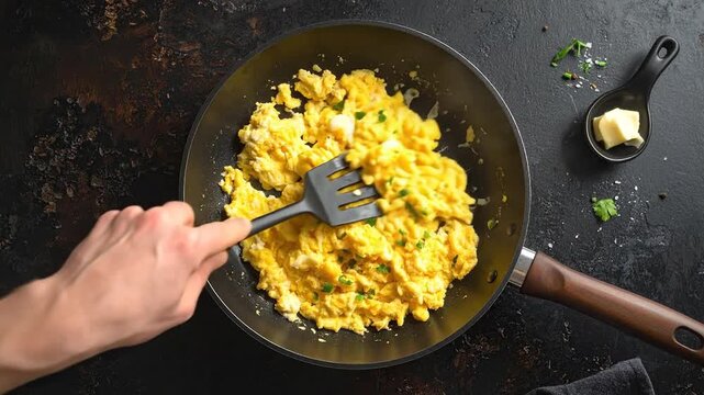 A person cooking fluffy scrambled eggs in a black frying pan on a dark surface