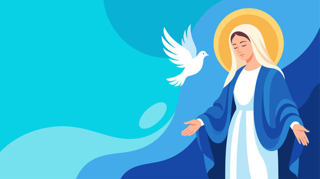 Assumption Of Mary religious vector illustration with a white dove on blue background