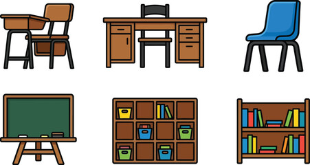 Cartoon vector set of classroom and office furniture featuring desks chairs chalkboard and bookshelves ideal for education and learning concepts © Muhammad