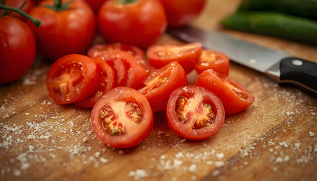 Freshly sliced cherry tomatoes on a wooden cutting board with herbs