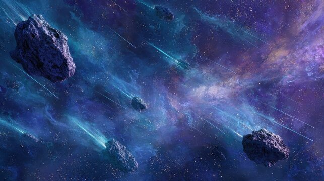 Asteroid field drifting through a glowing nebula in deep outer space cinematic wide shot for science education marketing