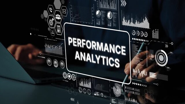 Data visualization concept showcasing performance analytics with graphs, charts, and digital elements on a laptop screen. Asymptotic smart data analytic.